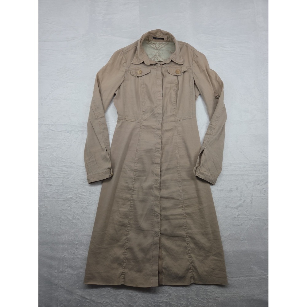 Elie Tahari Women Khaki Linen Long Sleeve Button Up Trench Dress